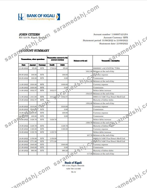 Rwanda Bank of Kigali bank statement, Excel and PDF template
